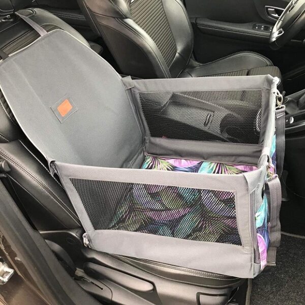 Mata samochodowa dla psa na przednie lub tylne siedzenie BOX z okienkami szara/liście pastele - obrazek 2